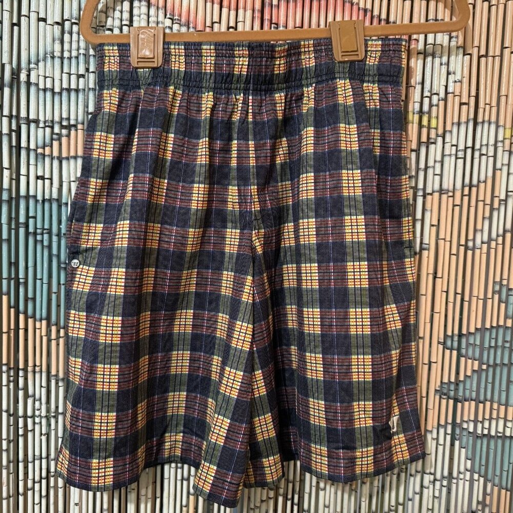 Warrior Lacrosse Shorts, Blue/Green/Orange Plaid, Small